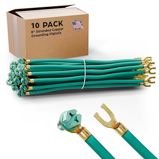 (10 Pack) 8″ Stranded Copper Grounding Pigtails | Pre-Stripped Fork & Spade Connector with Green Captive Screw | Heavy-Duty Bonding Jumper for Metal Boxes & Panels | Contractor Bulk Pack