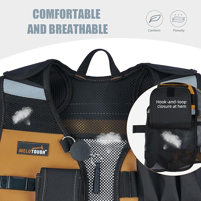 MELOTOUGH Tool Vest for Men Reflective Safety Tool Vest with Adjustable Straps,Removable Phone Holder for Electrical,Carpenters,Construction(Khaki)