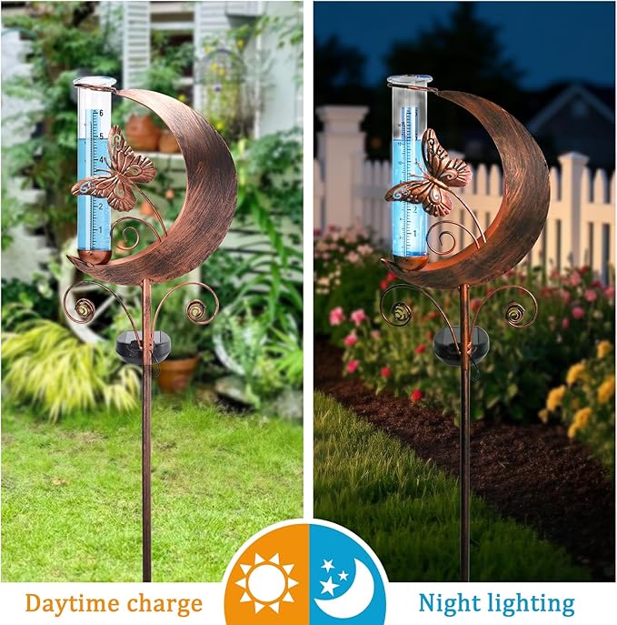 WONDER GARDEN Solar Rain Gauge Outdoor, Decorative Moon Butterfly Rain Gauges Outdoors Best Rated, Freeze Proof Water Rain Measure Gauge for Yard Patio Lawn Garden Decor