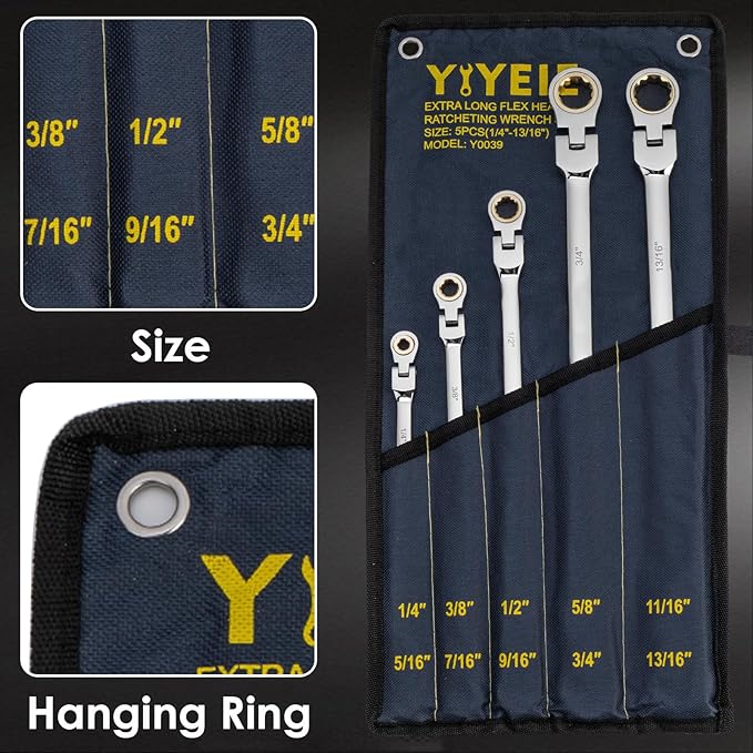 Extra Long Flex-Head Ratcheting Wrench Set, SAE 1/4" to 13/16", 5 Pcs Double Box End Long Handle Ratchet Wrenches, 72-Teeth, CR-V Labor-Saving Aviation Spanner with Pouch, Extra Torque for Tight Bolts