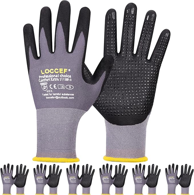 LOCCEF Work Gloves MicroFoam Nitrile Coated-6 Pairs,Endurance Seamless Knit Nylon,Dots on palm,Tacky Dot Grip Gloves