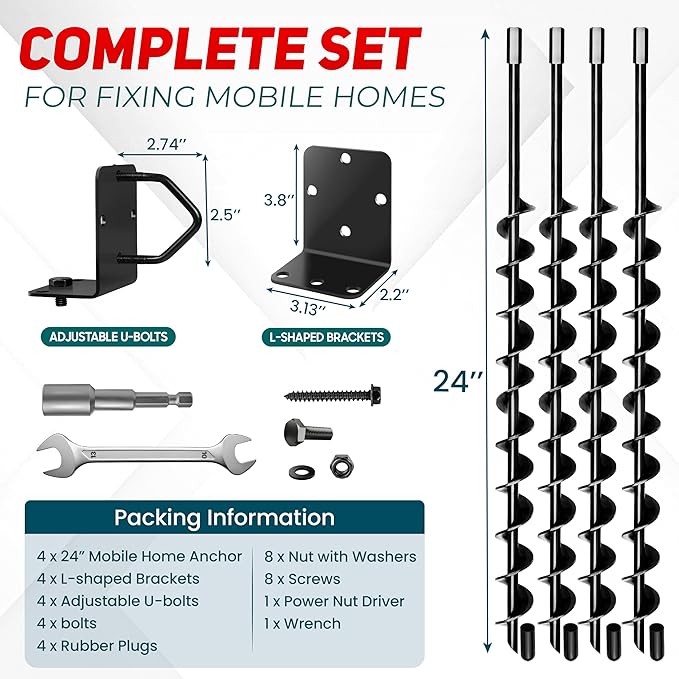 [Premium] 24" Full Spiral Blade Mobile Home Anchor, 4 Pack Ground Anchor Screw in with L-shaped Brackets, U-bolts, Power Nut Driver,Earth Anchors High Wind Heavy Duty for Camping Tents,Swing Sets