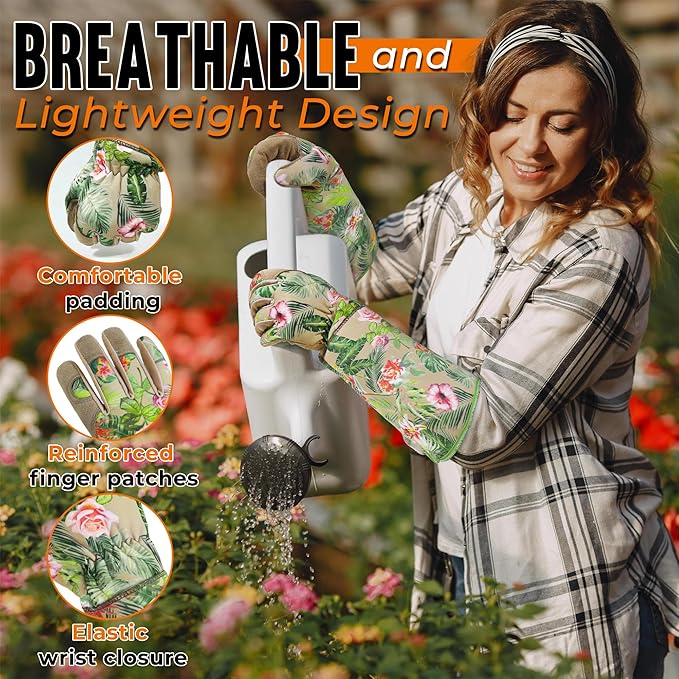 HANDLANDY Leather Gardening Gloves for Women, Scratch Resistant Breathable Ladies Rose Pruning Garden Gauntlet Yard Gloves, Gift for Gardeners (Khaki, M)