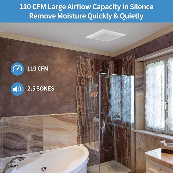 Bathroom Exhaust Fan 110 CFM Very Quiet with Matel Housing, Ceiling Mount Ventilation Fan Large Air-flow Capacity, Energy-Saving Household Bath Vent Extractor, White Plastic Grille