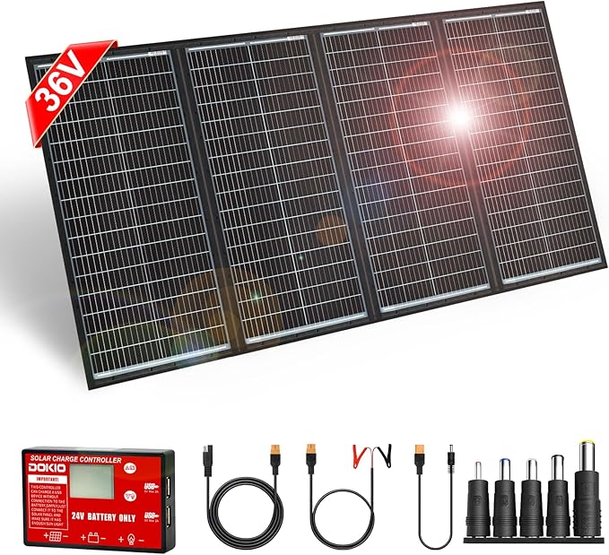 DOKIO 300W 36V Portable Foldable Solar Panel Kit, Compact 19x37in Design 15.21lb with Standalone Controller and USB, Monocrystalline Charger for 22V Batteries, Power Stations, RV Camping Emergency Use