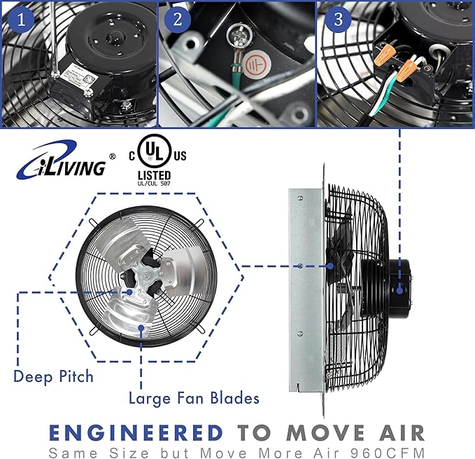 iLiving 12-Inch Wall Mounted Exhaust Fan with Variable Speed, 960 CFM, 1400 SQF Coverage Area, Silver