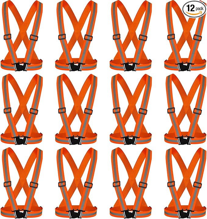 Hercicy 12 Pcs Reflective Vest High Visibility Safety Vests, Adjustable Running Gear Straps Lightweight Reflector for Construction (Orange)