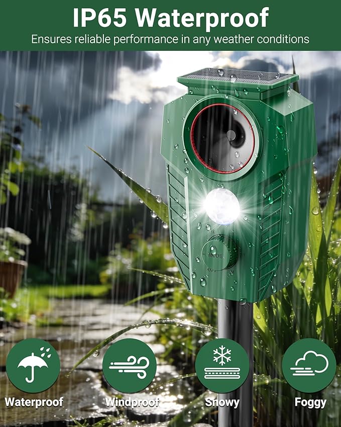 Solar Ultrasonic Animal Repellent Outdoor - Deer Repellent Devices with Motion Sensor & Flashing Lights, Waterproof Deterrent for Yard Garden to Repel Cats, Squirrels, Raccoons