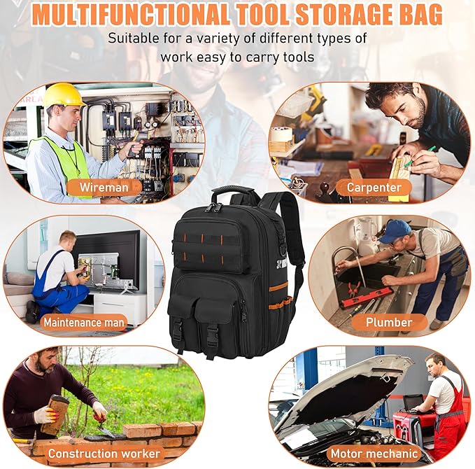 Tool Backpack, Heavy Duty Tool Bag with Padded Shoulder and Removable Tool Organizer, Water-Resistant Work Backpack, for Electrician, Plumber, HVAC, Cable Repairman, Black & Orange