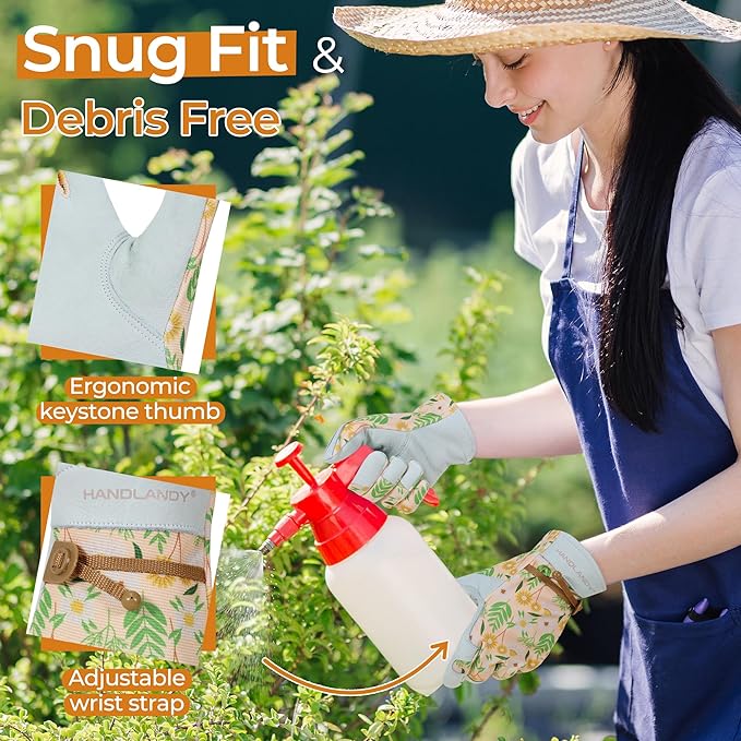 HANDLANDY Work Gloves for Women, Breathable Leather Gardening Glove for Yard Maintenance, Hand Protection with Touch Screen
