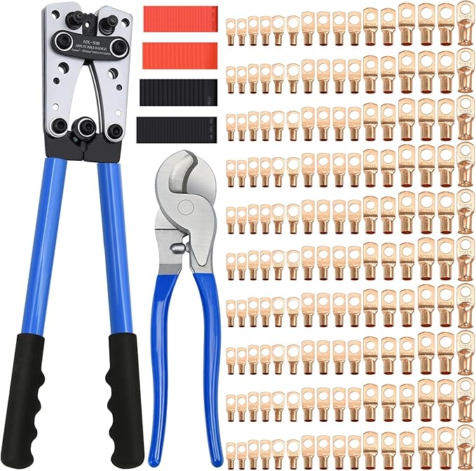 Cable Lug Crimping Tool with 180pcs Copper Wire Lugs, 210pcs Dual Wall Adhesive Heat Shrink Tubing, Wire Crimping Tool for AWG 10-1/0 Electrical Lug Crimper