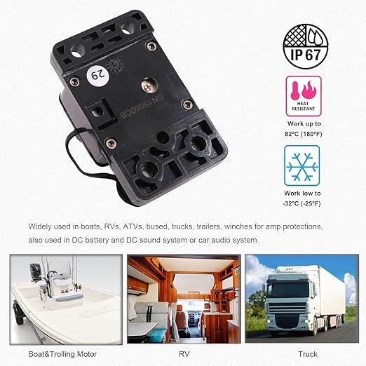 Manual Reset Circuit Breaker 12V-72V 50A for Car Audio RV Truck Solar System Boat Marine Automotive, IP67 Waterproof, UL, Overload Protection, Heavy Duty DC Resettable Breaker 50 Amp