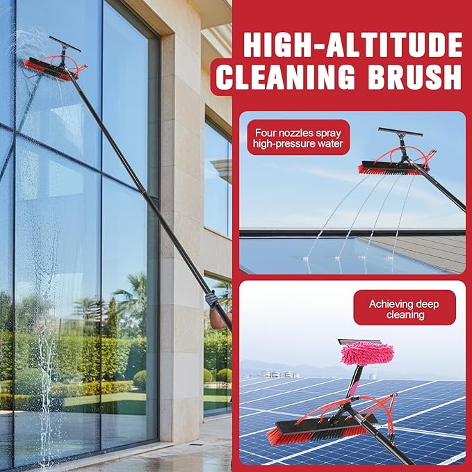 Water Fed Pole Brush Kit with Lightweight Pole Extendable Solar Panel Washing Tool with 180° Rotating Brushhead for Roof Window