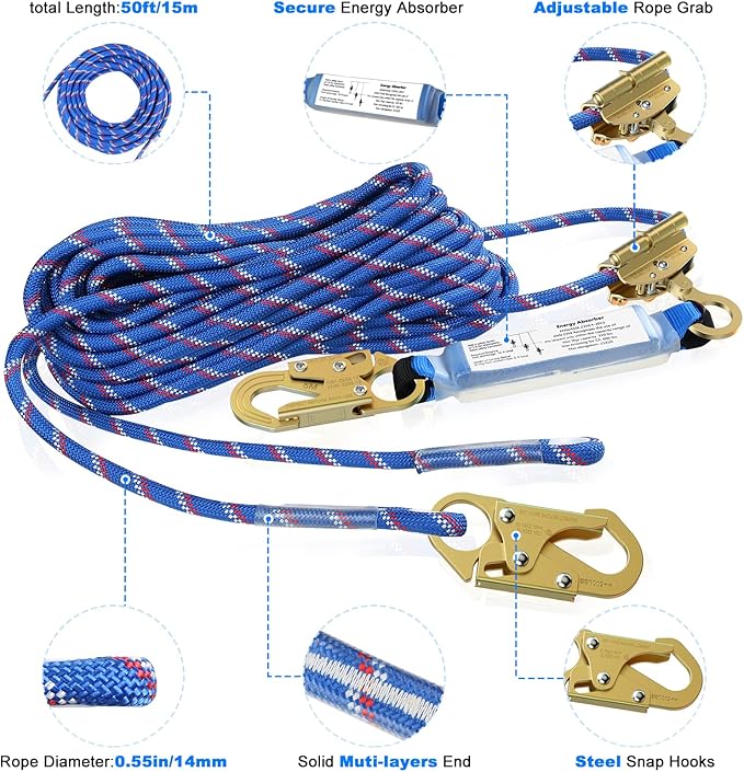 25FT Vertical Lifeline Assembly，Fall Protection Rope with Two Rope Grab Snap Hooks, Shock Absorber，Safety Climbing Equipment Roofing Safety Kit, CE ANSI