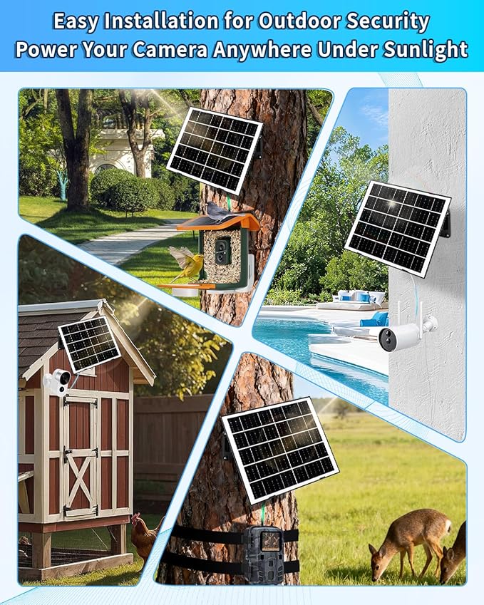8W Solar Panel for Security Camera, Solar Panel Charger with 5V USB-C/Micro/DC 3.5mm Ports 9.8ft Cable & 360°Integrated Mount, IP65 Solar Panels for Ring/Reolink/Eufy Built-in Battery Camera