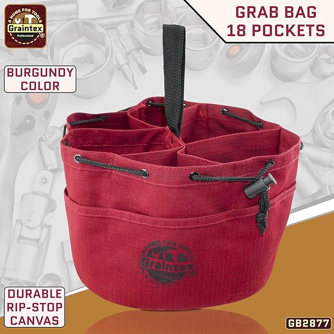 Graintex 18 Pockets Grab Bag Rip-stop Canvas Drawstring Closure, Small Part Organizer Pouch, Small Tools, Screws, Parts, Parachute Tool Bag for Efficient Storage - Burgundy