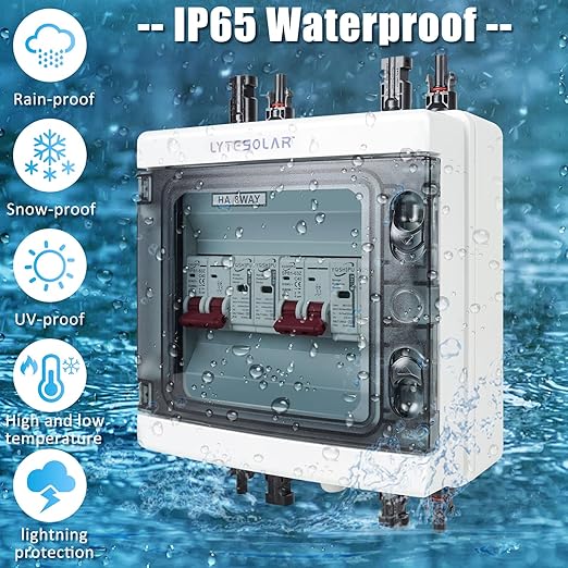 2 String 500V PV Combiner Box 2 in 2 Out, Dual String 63A DC Circuit Breaker with Solar Disconnect Function, Surge Protection, IP65 Weather-Resistant Enclosure
