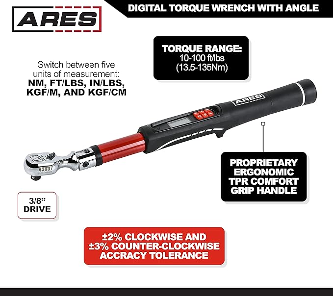 ARES 43007-3/8-Inch Drive Flex Head Electronic Digital Torque and Torque Angle Wrench - 10-100 ft/lbs (13.5-135Nm) - Reversible Sealed Head - Multi-Alert Prevents Over-Torquing