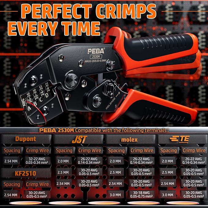 PEBA Crimping Tool and Dupont Connector Kit - 21 Types of 2.54mm Dupont Connectors & Crimp Pins, 2.5 mm JST-XH Contacts and Housings, for DIY Electronics - Suitable for AWG 32-20 Wires