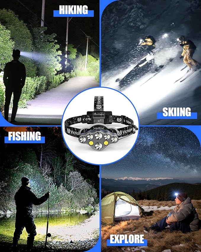 Victoper Rechargeable Headlamp, 8 LED High Lumen Bright Head Lamp with Red Light, Lightweight USB Head Light, 8 Mode Waterproof Head Flashlight for Outdoor Running Hunting Camping Gear, Black