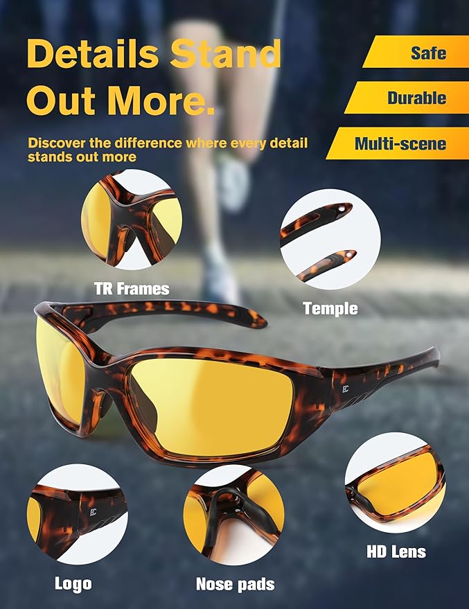 BIRCEN Night Vision Glasses for Driving: Running Cycling Sport Night Anti Glare Yellow Glasses for Men Women