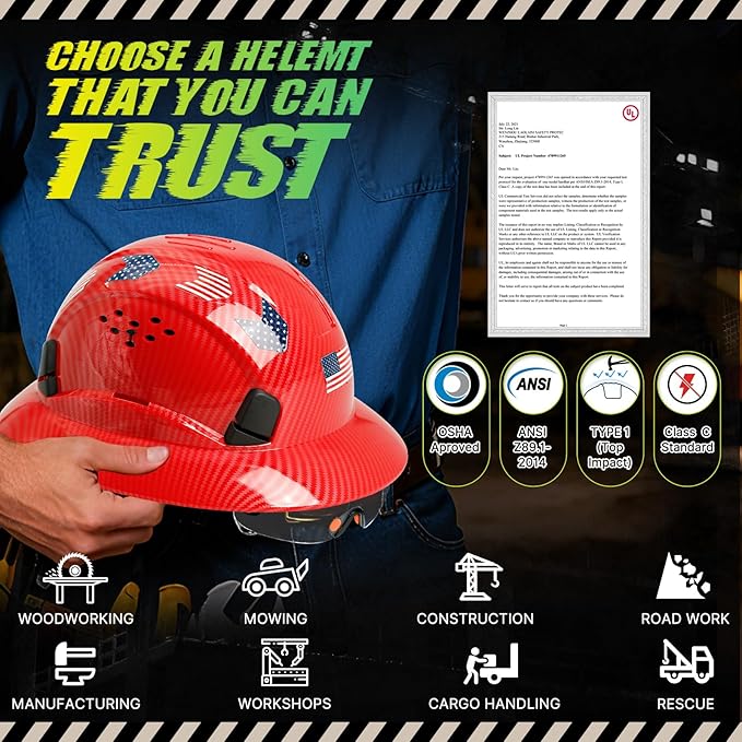 Carbon Fiber Pattern Full Brim Hard Hat with Visor-OSHA Approved Construction Safety Helmet for Men Women,ANSI Z89.1 Vented Reflective Hardhat with Hard Hat Chin Strap,6-Point Suspension