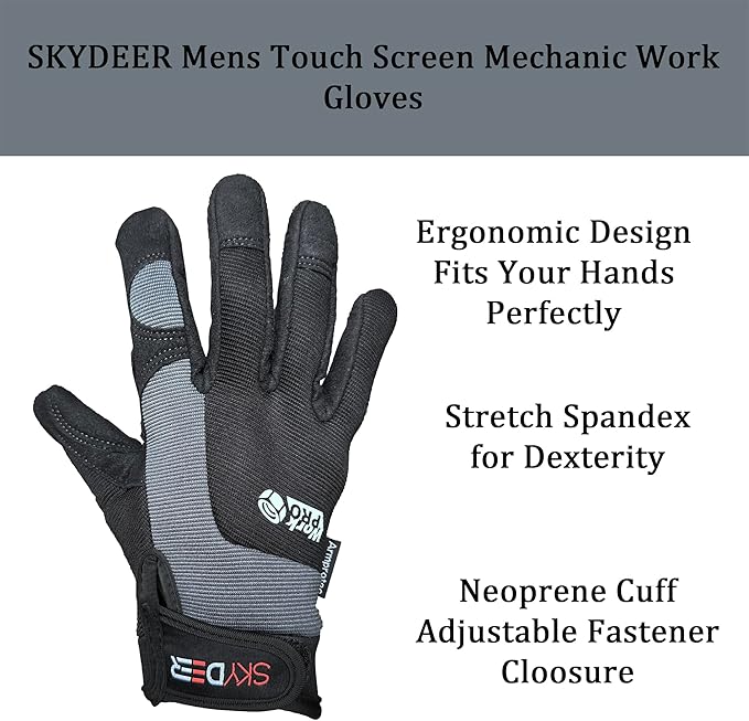 SKYDEER Touch Screen Leather Work Gloves for Men, Impact Protection, Vibration Reduction, Machine Washable Gardening Gloves (SD8820G/XL)
