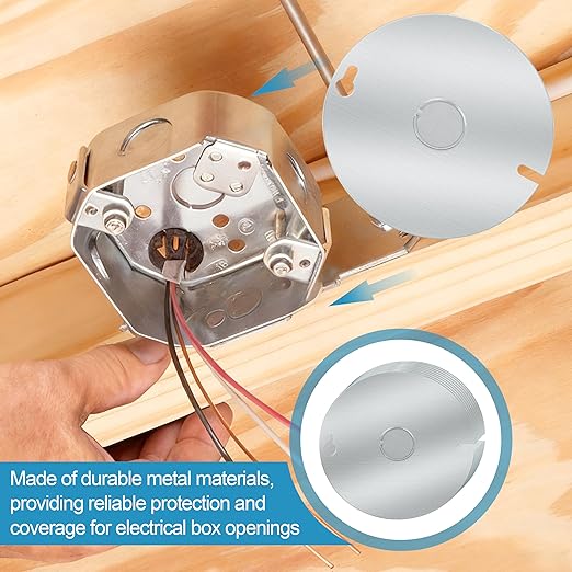 10-Pack Round Electrical Box Cover, 4 Inch Metal Junction Box Covers with 1/2 Inch Knockout, Flat Outlet Box Cover for 4 inch Round Box and Octagonal Box