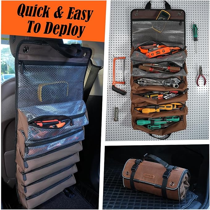 WELKINLAND Heavy-Duty Waxed Canvas Tool Roll, 7-Pockets Tool Wrap Roll, 15L Tool Roll Bag, Large Roll Up Tool Bag For Mechanics.