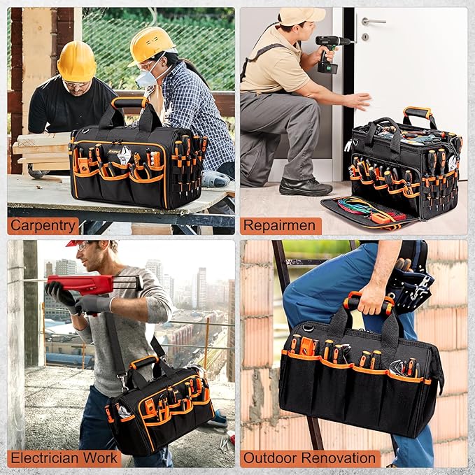 17-Inch Electrician Tool Bags for Men, 46-Pocket Heavy Duty Tool Bag, Foldable Hvac Tool Bag Organizer with Wide Mouth & Adjustable Shoulder Strap for Electricians Mechanics Craftsman Contractor