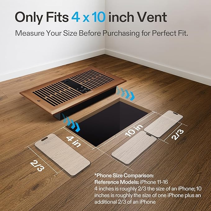 VIVOSUN Quiet Register Booster Fan for 𝟒" 𝐱 𝟏𝟎" Holes, Cooling Heating Vent Fan with 10-Speeds App Control &Adjustable Wind Direction, Thermostat Control for Bedroom, Bathroom &Attic, Brown