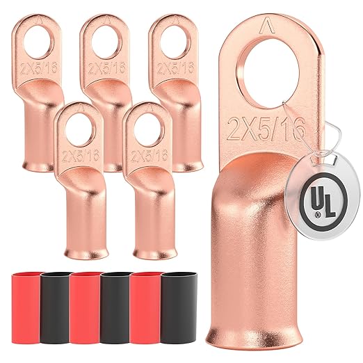 AIRIC UL Listed 2 AWG - 5/16" Battery Cable Lugs, Heat Shrink Ring Terminals End, Copper Cable Ends, Wiring Connector Terminal, Electrical Crimp Connectors, Wire Lug for 2 Gauge Wires, 6 PCS