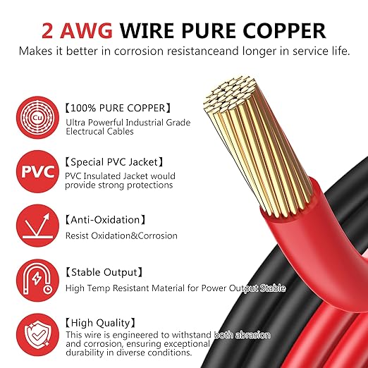 VOLTWORKS 2 AWG Gauge Red + Black Pure Copper Battery Inverter Cables Solar, RV, Car, Boat 2ft 3/8 in Lugs