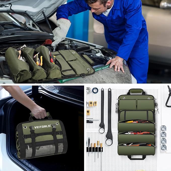 Tool Roll Up Bag, Gifts for Him Men Dad Husband Boyfriend Fathers Day, 1680D Portable Tool Storage for Men, Heavy Duty Tool Organizer with Detachable Pouches&Wrench Roll for Mechanic