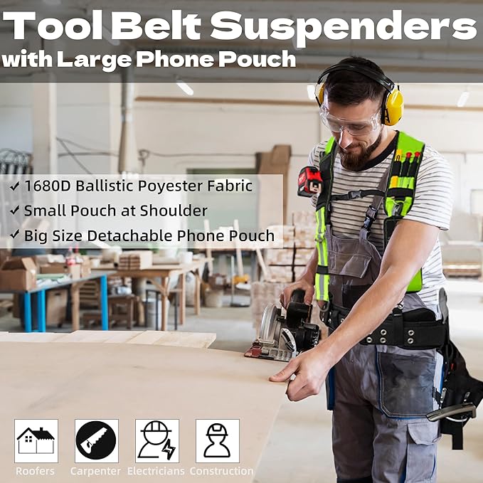 MELOTOUGH Reflective Safety Tool Belt Suspenders Construction Bag Suspenders Padded Work belt Suspenders for Carpenter/Electrician/Roofing/Farmer work Suspension Rig(Reflective Green)