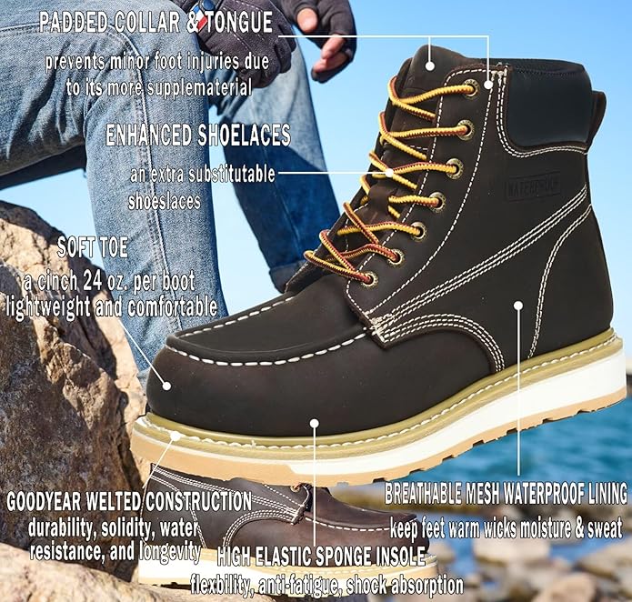 Work Boots for Men, 6" Soft Toe Wedge Sole Waterproof Safety Boots, Comfortable Construction Work Safety Shoes