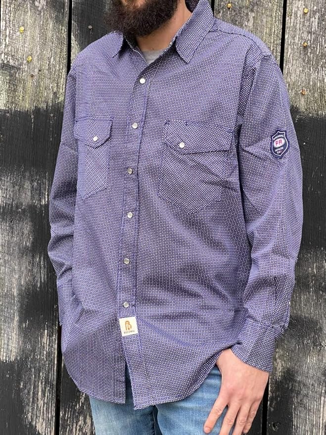 BOCOMAL FR Shirts for Men Printed Plaid Flame Resistant Clothing 6.5oz Cotton Button Up Welding Shirts NFPA2112 CAT2