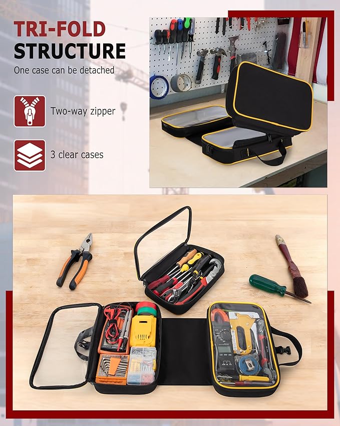Roll Up Tool Bag with 3 Clear Window Cases (One Detachable), Tri-fold Tool Bag Organizer for Hand Tools, Black
