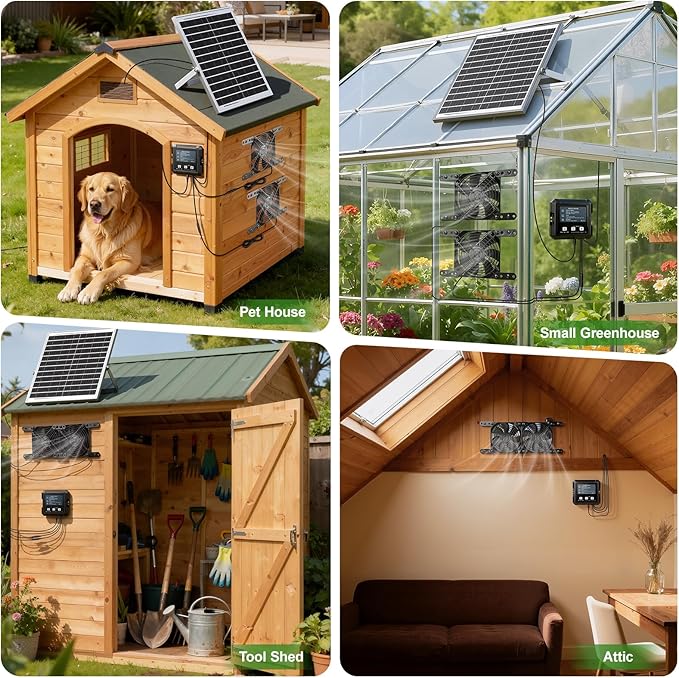 Solar-Powered Exhaust Fan with Battery & Smart Sensing – 25W Solar Panel, 2 * 4.7" Fans, 3 Modes, IP65 Waterproof | Ideal for Chicken Coop, Dog House, Shed, Greenhouse, Outside