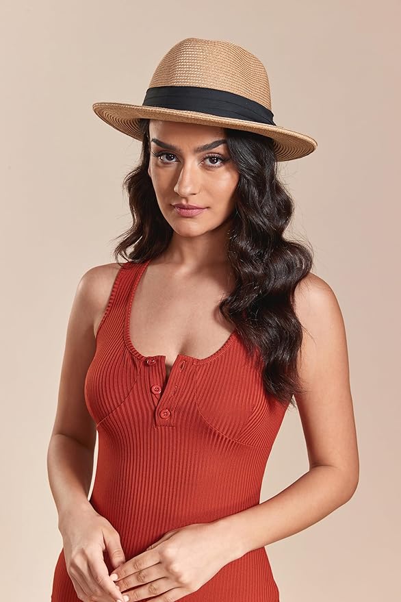Joywant Womens Straw Fedora Beach Sun Hat, Packable Wide Brim Panama Hat for Women UV UPF50+ Summer Hat