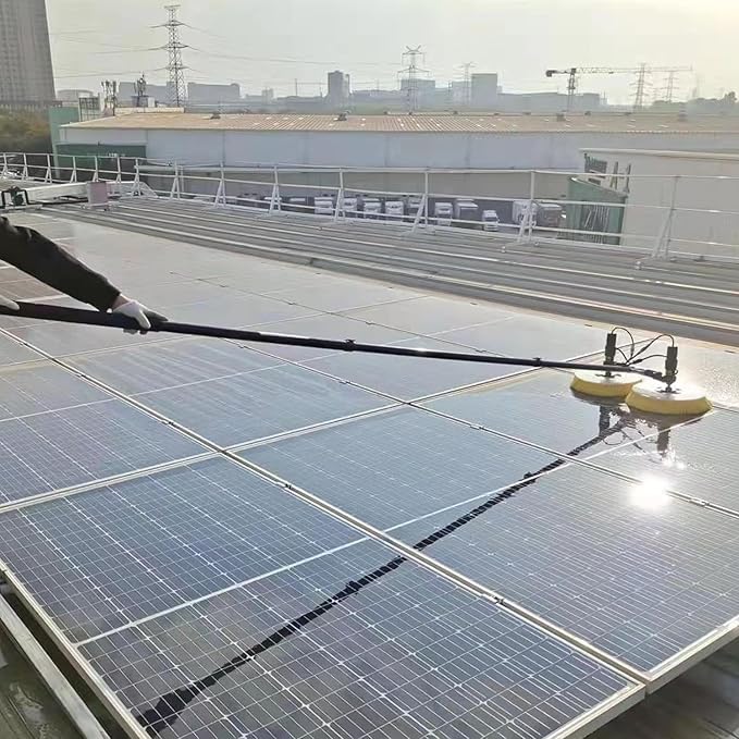 Electric Photovoltaic Panel Cleaning Machine Solar Panel Water Spray Cleaner Brush Handheld Power Photovoltiax Cleaning Rotating Brush Telescopic Pole 11.48-24.61ft Length,5.5m-LithiumBattery