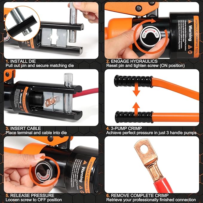 16 Ton Hydraulic Crimping Tool, Professional Battery Cable Crimper with 13 Die Sets, 9AWG to 600MCM Cable Crimping Tool (Triple-Stroke Fast Hydraulic Crimper)