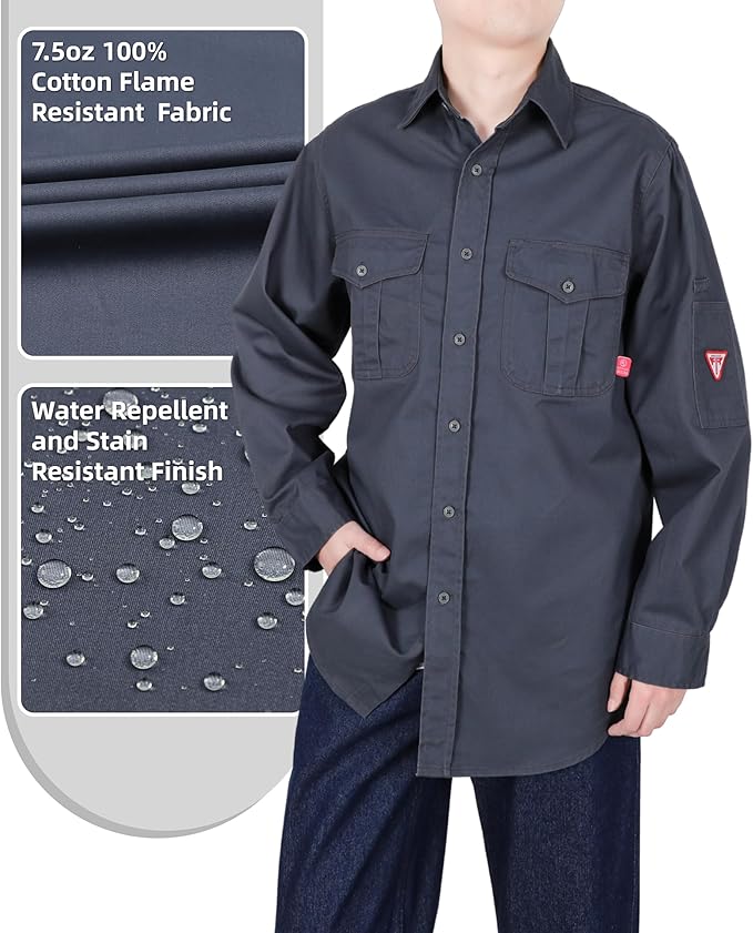 TICOMELA Men’s Mid-Weight FR Welding Shirt, 7.5oz 100% Cotton NFPA 2112 CAT2 – Flame-Resistant Button-Down Work Shirt