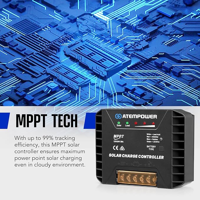 ATEM POWER 20A 12V/24V MPPT Solar Charge Controller Selecting Battery Type Activate Lithium Battery Intelligent Solar Controller Compatible with Lead Acid, AGM, Gel, Calcium and LiFePO4 Battery