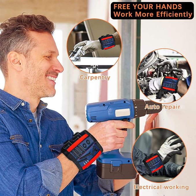 Magnetic Wristband for Holding Screws, Magnetic Tool Holder with 15 Strong Magnets Perfect Tool Gifts for Dad Father Husband, Carpenter, Woodworker (Blue)