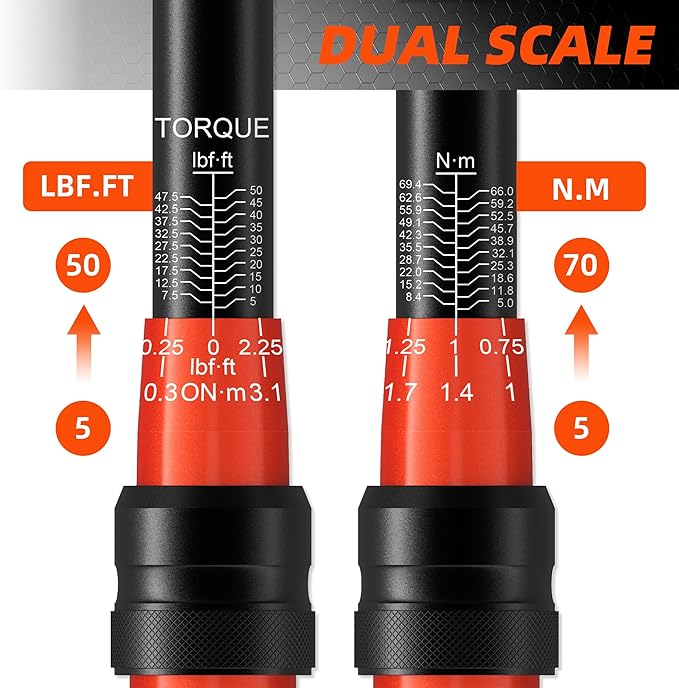 PRIDE&CRAFT 3/8 Inch Drive Click Torque Wrench, 3% High Precision Adjustable Dual Direction, 72-Tooth, 5-50 lbf.ft/6.8-68 Nm Torque Wrench for Bike, Motorcycle and Car Repair, Orange Black
