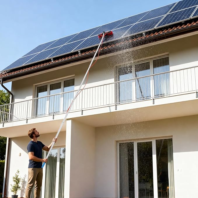 Solar Panel Cleaning Kit, Window Cleaning System 32.81FT, 65.62ft Water Pipe & Rotating BrushHead, Washing Equipment Window Cleaner Tool Water Fed Pole Kit for Roof Caravan Solar Panel