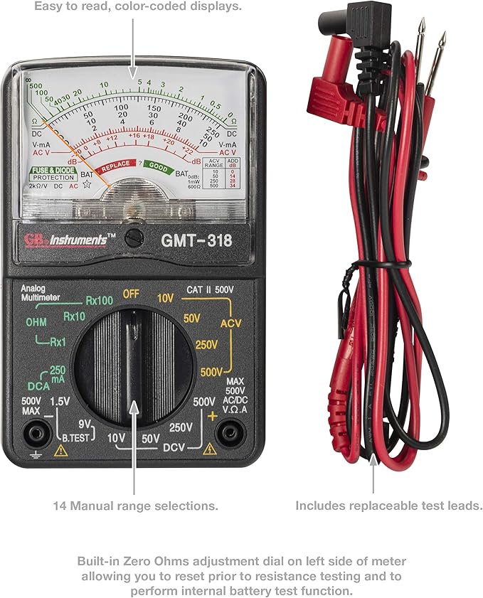Gardner Bender GMT-318 Analog Multimeter, 6 Function, 14 Range, AC / DC Volt, 500V