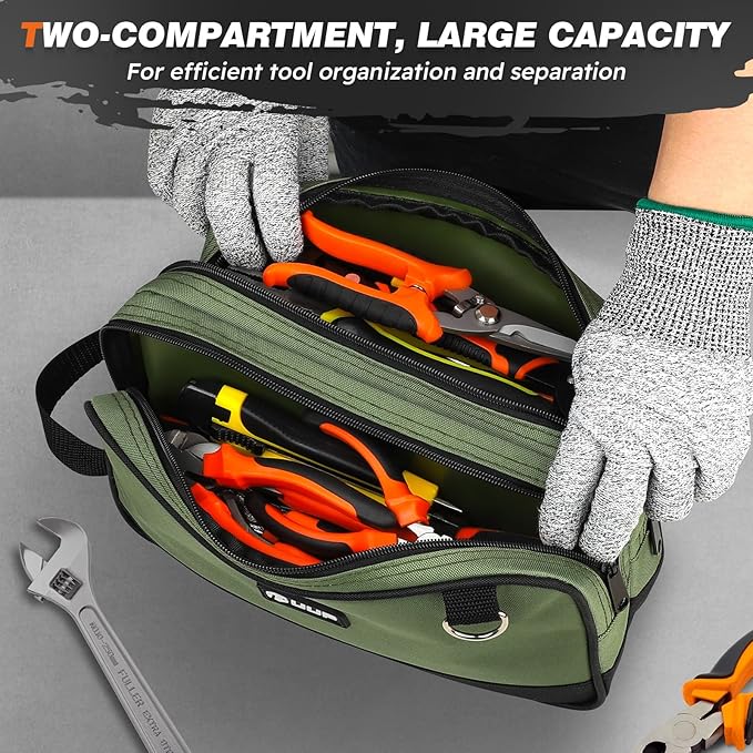 12 Inch Small Tool Bag, Zipper Tool Pouch Two Compartments Heavy Duty, Utility ToolBag with Carrying Handle D-Rings, Tools Storage Organizer for Electrician Mechanic, Gift for Men Dad,Green