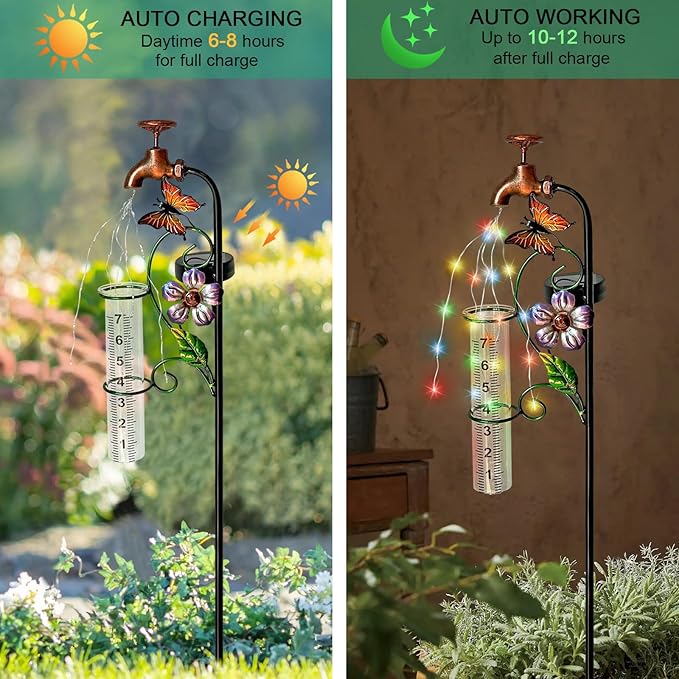 Glass Rain Gauge Outdoor,Solar Lights Faucet Stake with Rain Gauges,Flowing Water LED Lights Stake for Outside,Yard Art,Garden Decor